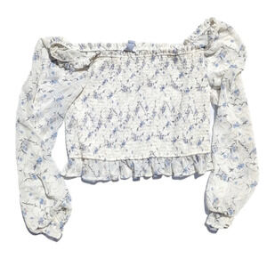 Revamped  XL Long Sleeve Floral Beige Cropped Top Sheer Sleeve Boho Flirty